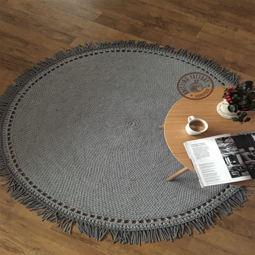 Okrągły bawełniany szary dywan Boho z frędzlami