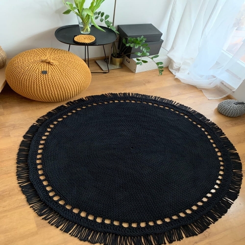 czarny okrągły dywanik bawełniany boho z frędzlami 60cm ręcznie robiony
