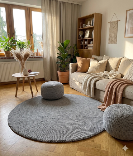 okrągły dywan bawełniany w aranżacji salonu styl naturalny